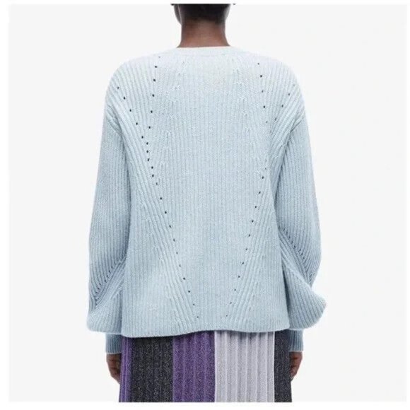 Derek Lam 10 Crosby Sweater Metallic Blue Ribbed V-Neck Bubble Sleeves Small - Picture 2 of 11